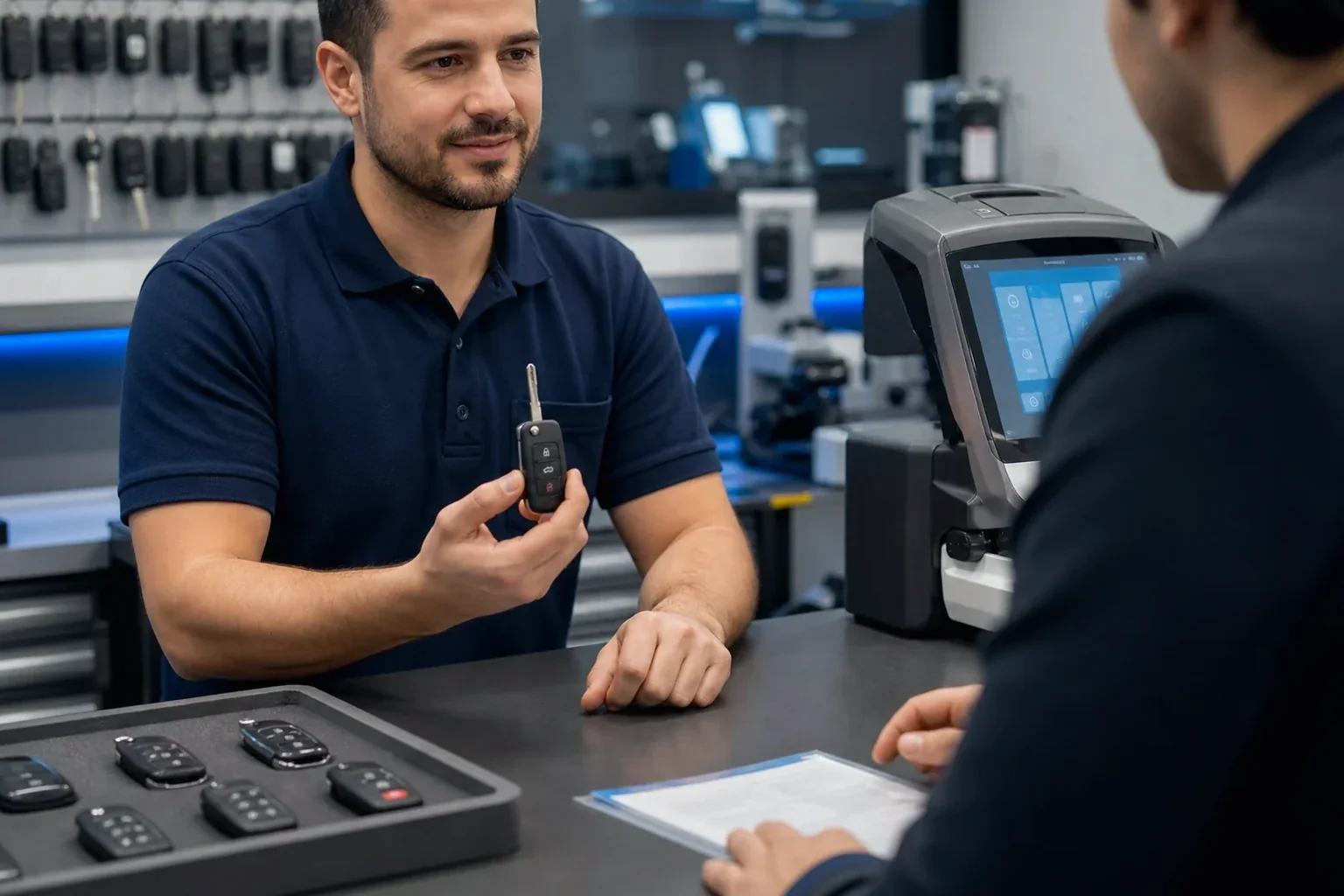 Chaveiro confeccionando uma chave codificada em Simões Filho, BA.